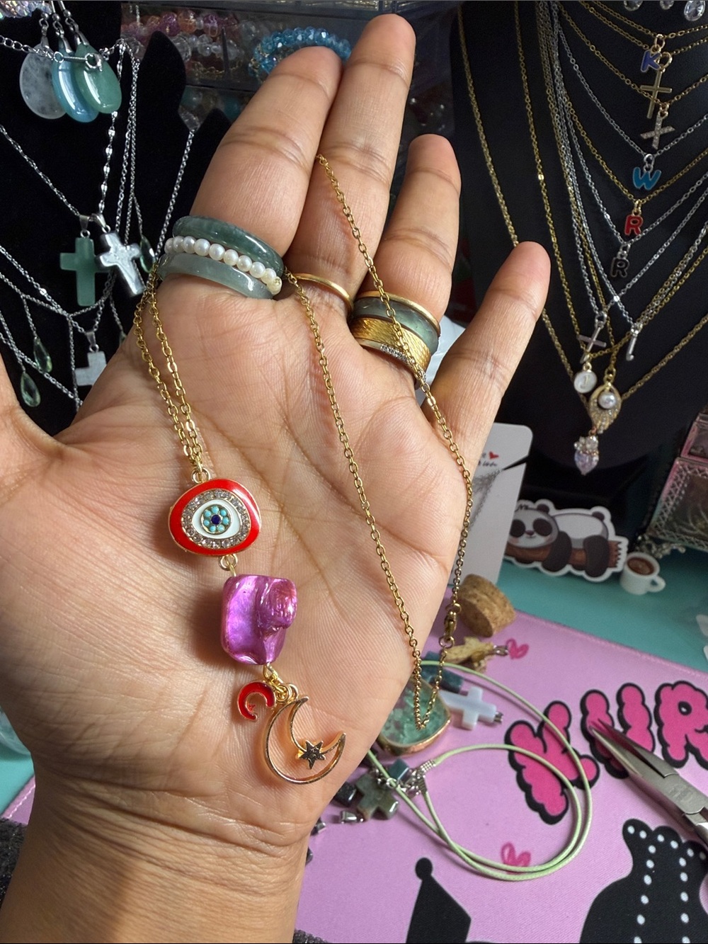 Handmade 🧿 eye necklaces , Pink mother of Perl & initials & Moon